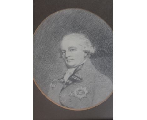 Pencil drawing, portrait of a military officer together with a quantity of other various miniatures and silhouettes on card a