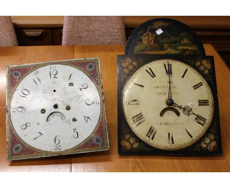 19th Century thirty hour clock movement with arched painted dial and another with square painted dial 