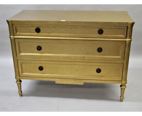Julian Chichester, pair of Versailles model three drawer giltwood commode chests, raised on turned tapering supports, each 47