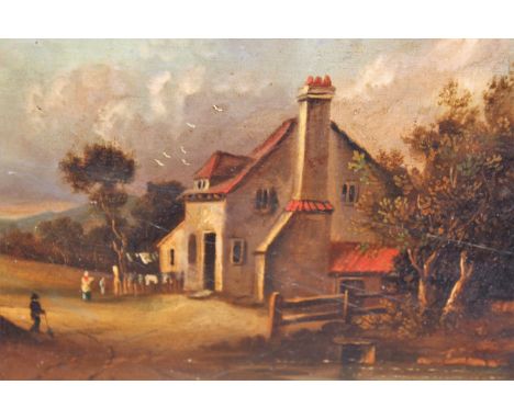 19th Century oil on panel, figures before a cottage in a landscape, 9ins x 6ins approximately, gilt framed together with a sm