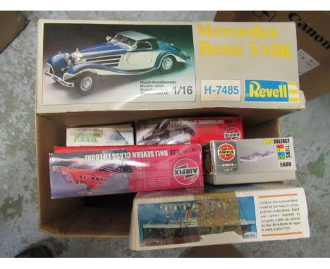 Box containing six various model aircraft kits including Revel Mercedes 1:16 scale car 