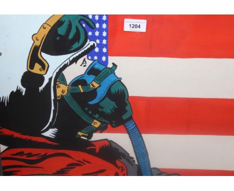 Kevin Mole, pop art gouache of an American pilot before the stars and stripes, signed and dated 1977, 18ins x 19ins 