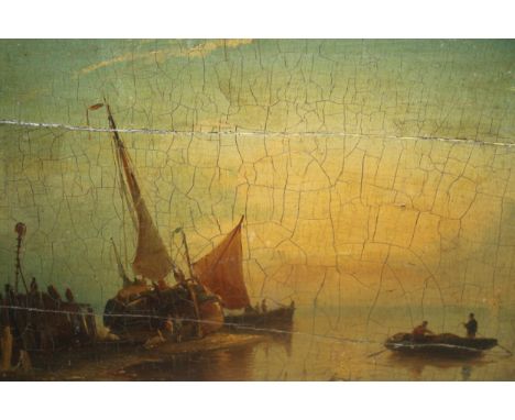 19th Century oil on panel, coastal scene with various boats (splits to panel), 8ins x 11.5ins, framed 