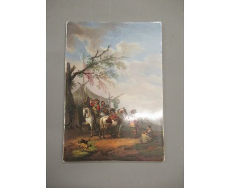 KPM Berlin porcelain plaque painted with a scene depicting soldiers resting in a landscape, after Wouvermann, impressed mark,