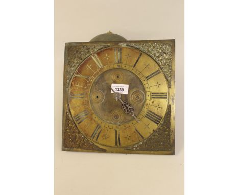 18th Century clock movement, the 10in brass dial and thirty hour movement striking on a bell 