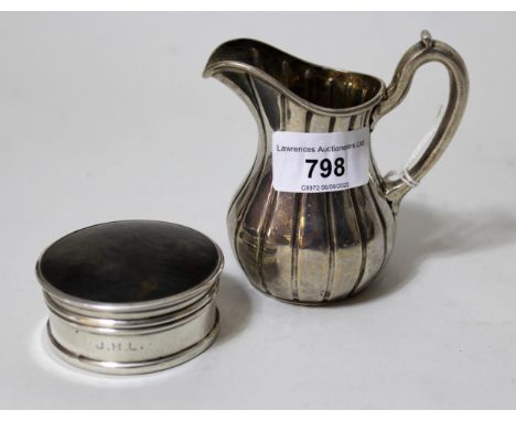 Small Victorian silver cream jug of fluted baluster form, together with a silver trinket box with tortoiseshell inset cover, 
