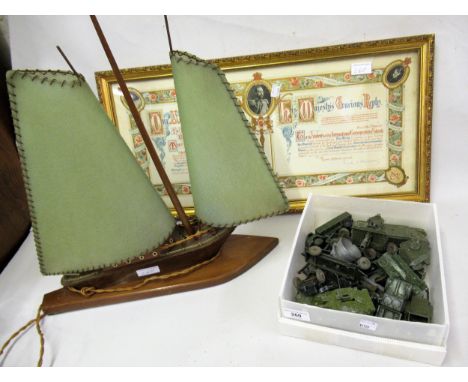 Quantity of various diecast metal model military vehicles, together with a wooden pond yacht table lamp and a framed certific