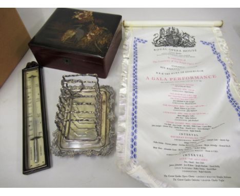 Japanese lacquered box, silver plated toast rack, a barometer and a Gala Performance Royal Opera House, 1958 silk menu 