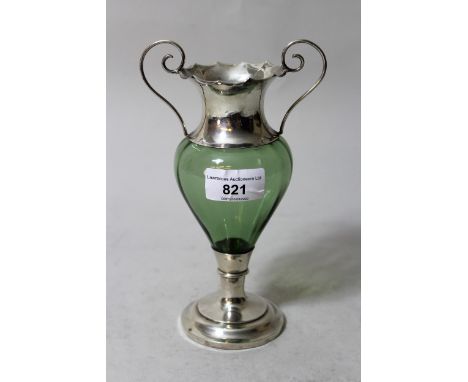 Art Nouveau silver mounted green glass two handled pedestal vase by Levy & Salaman, Birmingham, 1902, 8ins high approximately