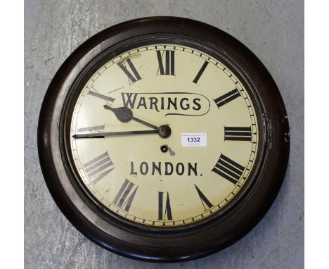 Late 19th / early 20th Century circular mahogany wall clock, the 12in enamel dial with Roman numerals, inscribed Warings, Lon