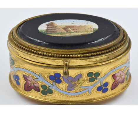 Late 19th / early 20th Century gilt brass and enamel decorated oval trinket box, the hinged cover inset with a micro mosaic p