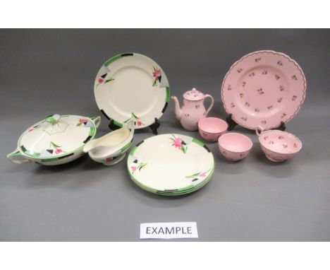 Art Deco dinner service, with stylised floral decoration and a Wedgwood Alpine Pink pattern floral decorated part teaset 