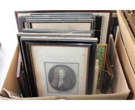 Set of three 18th Century portrait engravings, Sir Isaac Newton, John Milton and John Dryden, housed in Hogarth type frames (