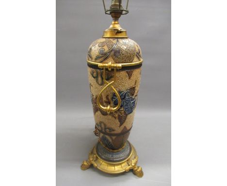 Doulton Lambeth stoneware and gilt brass mounted oil lamp base, the incised stylised floral decoration by Elizabeth Dayton, t