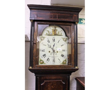 George III oak longcase clock, the arched painted dial with Arabic and Roman numerals, subsidiary seconds and calendar apertu