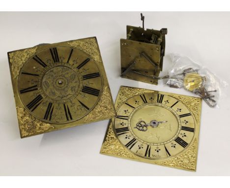 Two 18th Century thirty hour 10in brass dial clock movements, one by John Wilks, with rare rack, strike and pull repeat 