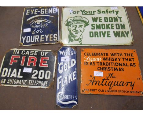 Small enamel sign for Will's Gold Flake, 10.5ins x 3.5ins another ' Antiquary ', 8ins x 9.25ins and three others,  ' For your