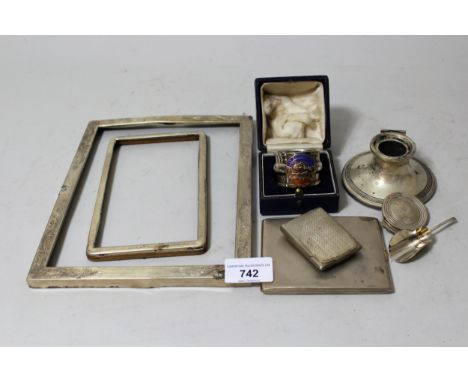 Silver Crystal Palace napkin ring, silver match case, cigarette case, caddy spoon, capstan inkwell (at fault) and two photogr