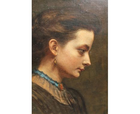 19th Century oil on canvas, applied to board, portrait of a young lady wearing gold earrings, 16.5ins x 12ins, gilt framedGoo