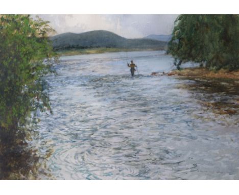 Norman Wilkinson (1878-1971) - Fly fisher fishing the river  Watercolour and bodycolour, over graphite, on wove paper Signed 