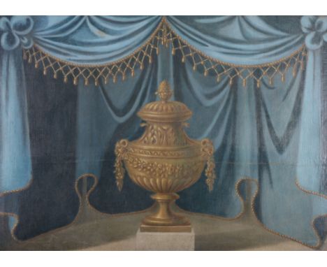 English School (probably 18th century) - Still life with classical urn on a plinth, blue curtains behind  Oil on canvas 95 x 