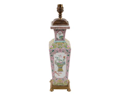 A Chinese Famille Rose vase, of square section A Chinese Famille Rose vase, of square section, painted with vases of flowers 