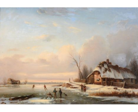 Jean Baptiste Clément Bourne (fl.1844-1866) - Winter landscape with figures skating on the ice  Oil on canvas Signed and date
