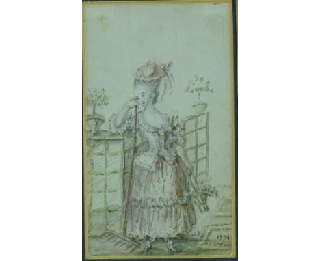 18th century watercolour, portrait of a young gardener, dated 1774, 6" x 3.5", framed