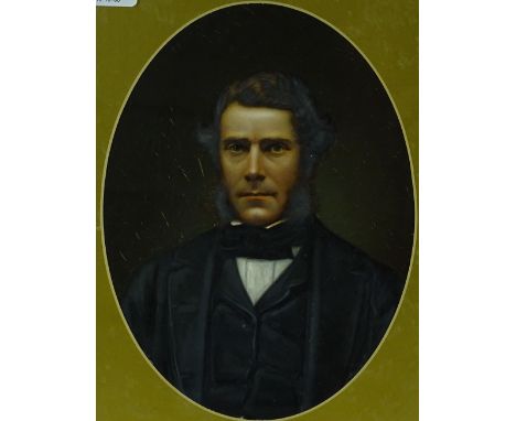 19th century oil painting over a photographic base, portrait of a gentleman, unsigned, 8.25" x 6", framed