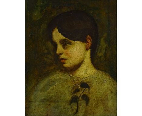 Circle of George Romney (1734 - 1802) oil on canvas laid on panel, head & shoulders portrait of a girl, unsigned, 25 x 20 cm 