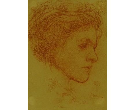 19th century sanguine pencil drawing, head portrait of woman, unsigned, 7" x 5", framed