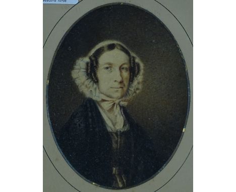 19th century English school, watercolour, portrait of a lady wearing a lace cap, unsigned, 6.5" x 5", framed