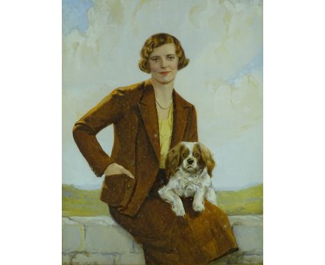 Dorothy Wilding, watercolour over a printed base, portrait of a woman and dog, signed, 12" x 8.5", framed