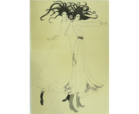 Pen and ink on card, fashion portrait of 2 women, unsigned, 31" x 21", unframed