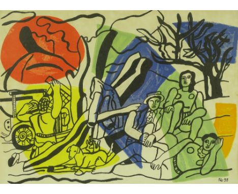 F Leger, colour lithograph, abstract composition, 1955, 14" x 19.5", framed