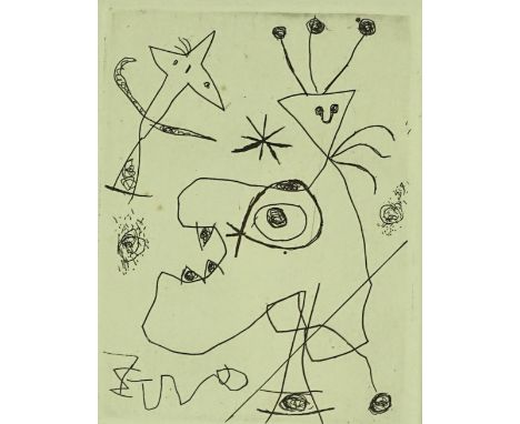 Joan Miro, etching, L'Aigrette, published by Maeght 1956, plate size 4.75" x 3.5", framed
