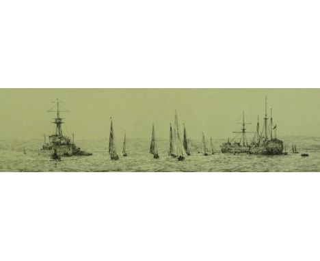 Rowland Langmaid, etching, Victory Class off the Old Implacable, signed in pencil, plate 3.5" x 12.5", framed