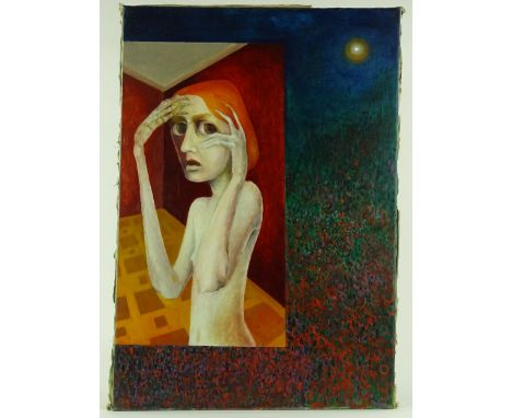 Oil on canvas, modernist portrait, unsigned, 36" x 25", unframed