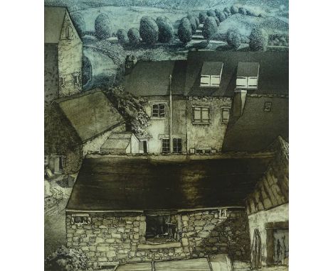 Michael Chaplin, coloured etching, farm buildings L'Auvergne, signed in pencil, 1975, plate size 22.5" x 19", together with a