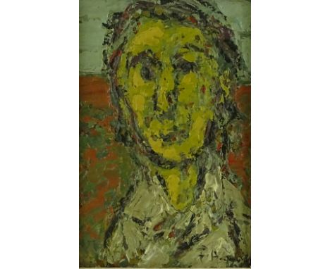 Oil on board, impasto head portrait, indistinctly signed, 10" x 6.5", framed