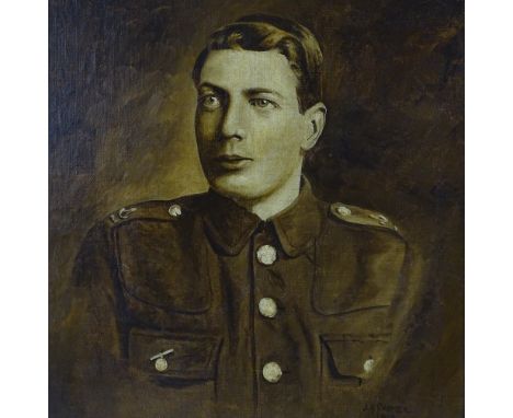 J A Parker, sepia, oil on board, portrait of a First War soldier, signed and dated 1919, 19" x 15.5", framed