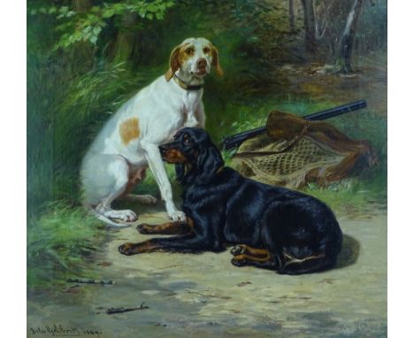 Jules Gelibert (1834-1916), oil on canvas, portrait of 2 gun dogs, signed and dated 1889, 35" x 27", framed