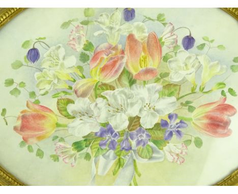 Filippa Whitford (Royal Worcester ceramic artist), pair of oval watercolours, botanical studies, ornate gilt gesso frames, 10
