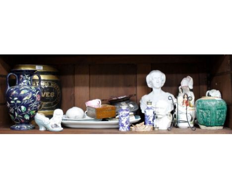 A COLLECTION OF MISCELLANEOUS CHINA to include a Parian ware type bust, a pottery spirit barrel, two Royal Worcester blue and