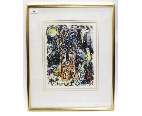 A 20TH CENTURY CHAGALL PRINT, possibly of Notre Dame, 33cm high x 26cm wide