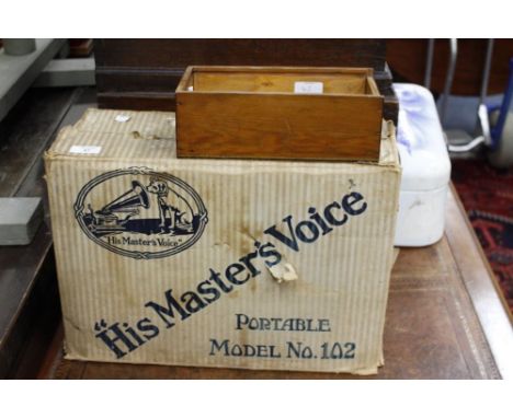 A' HIS MASTERS VOICE' PORTABLE MODEL NO. 102 RECORD PLAYER in original box and a selection of enamel and tin 20th Century nee