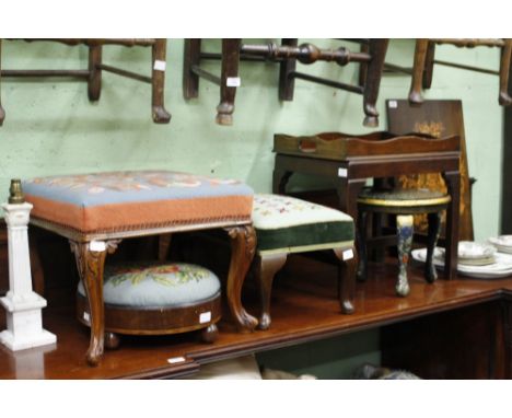 SIX VARIOUS FOOT STOOLS including Victorian tapestry upholstery example, chinoiserie lacquered example and others (6)