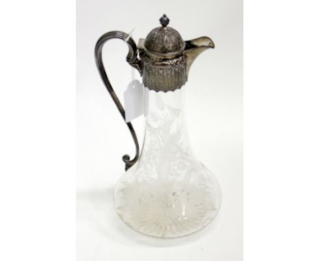 A VICTORIAN BIRMINGHAM SILVER MOUNTED ETCHED GLASS CLARET JUG with foliate decoration and finial, 29cm high