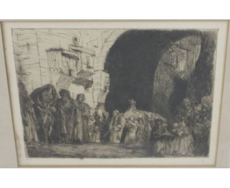 MARIUS A.J. BAUER (1867 - 1932, DUTCH) Precession through a Middle Eastern street, etching, 21cm x 27cm 