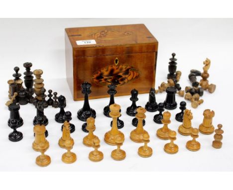 A 19TH CENTURY SATINWOOD TEA CADDY with shell design inlaid decoration 18cm wide together with two part chess sets